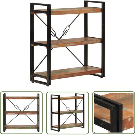 The Living Store Bibliothèque 3 niveaux 77x30x80 cm bois récupération massif/fer - Bibliothèque Murale - Bibliothèque Design - Étagère Bois - Étagère Vintage - Meubles Rustique