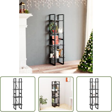 The Living Store Bibliothèque à 4 niveaux Gris 40x30x140 cm Bois de pin massif - Bibliothèque Industrielle - Bibliothèque Design - Étagère Bois - Meuble Rangement - Bibliothéque Moderne