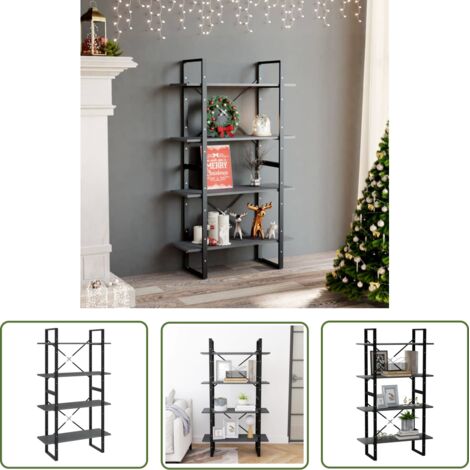 The Living Store Bibliothèque à 4 niveaux Gris 80x30x140 cm Bois de pin massif - Bibliothèque Industrielle - Bibliothèque Design - Étagère Bois - Meuble Rangement - Bibliothéque Grise