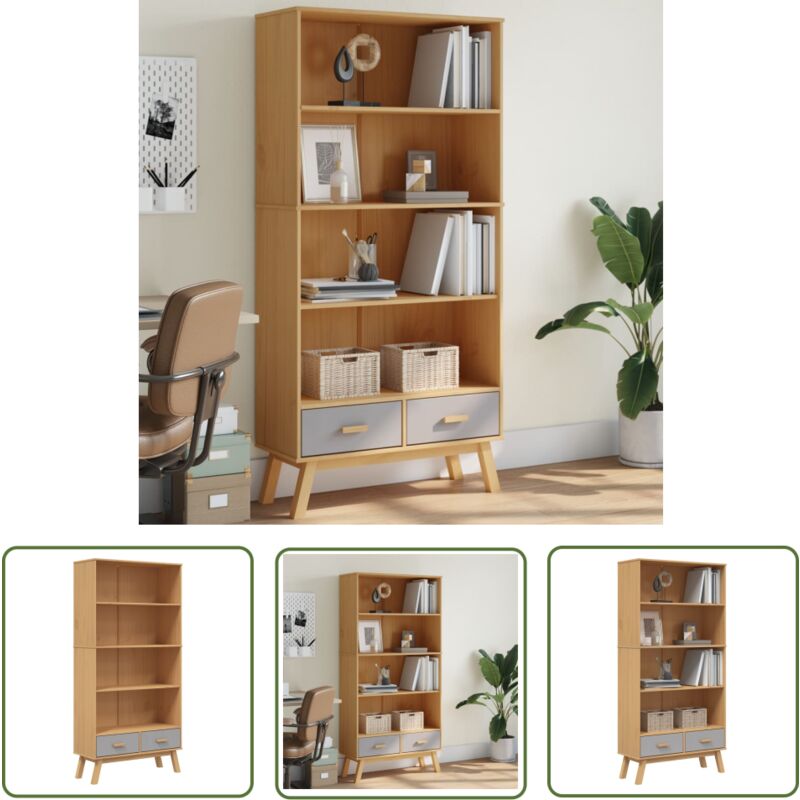 The Living Store - Bibliothèque à 4 niveaux olden gris marron bois de pin massif - Bibliothèque - Meuble De Rangement - Bibliothèque Scandinave