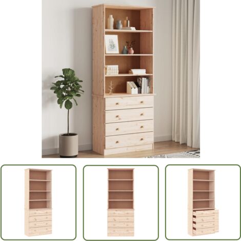 The Living Store Bibliothèque avec tiroirs ALTA 77x35x186,5cm bois massif de pin - Bibliothèque Rustique - Bibliothèque Design - Étagère Murale - Meuble Rangement - Bibliothéque Bois Massif
