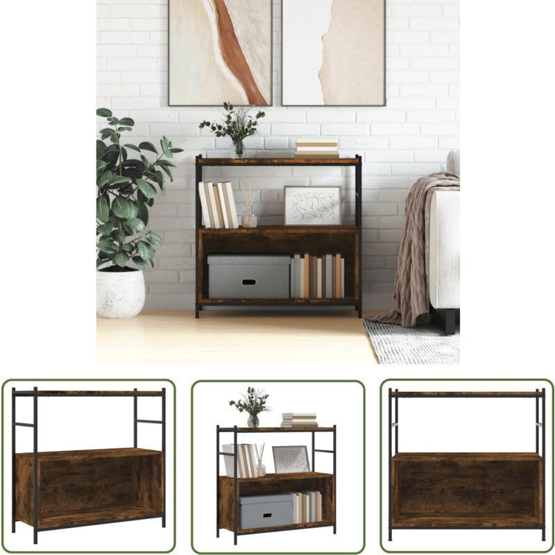 The Living Store - Bibliothèque chêne fumé 80x30x78,5 cm bois d'ingénierie et fer - Bibliothèque Murale - Bibliothèque Industrielle - Étagère Bois