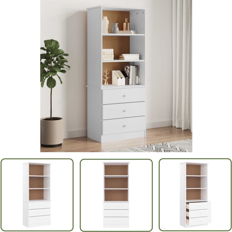 The Living Store - Bibliothèque et tiroirs alta blanc 60x35x142 cm bois massif pin - Bibliothèque - Étagère Murale - Meuble De Rangement