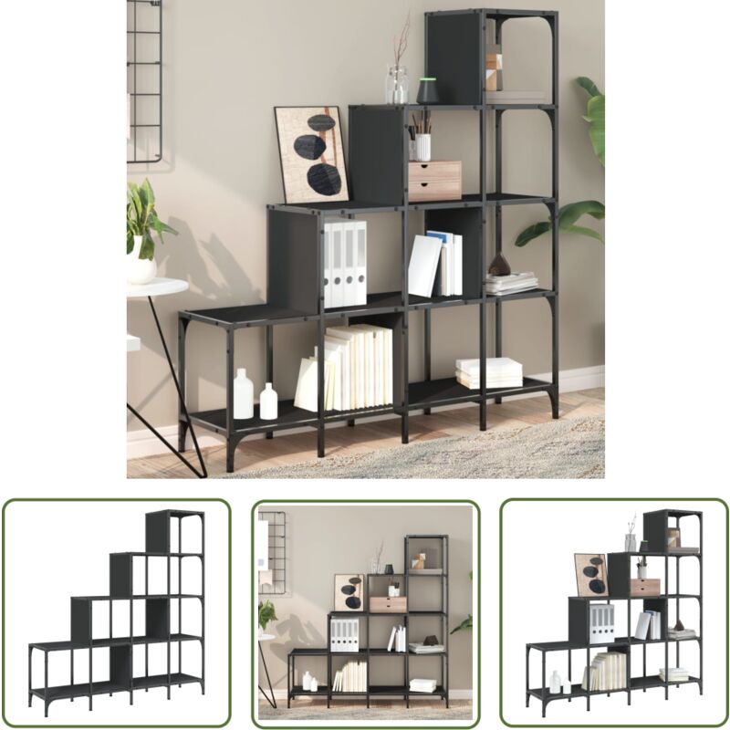 The Living Store - Bibliothèque noir 122x30x132 cm bois d'ingénierie et métal - Bibliothèque - Étagère - Meuble De Rangement - Design Moderne