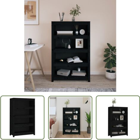 The Living Store Bibliothèque Noir 80x35x126 cm Bois de pin massif - Bibliothèque - Meuble De Rangement - Étagère - Armoire À Livres - Bibliothèque En Bois