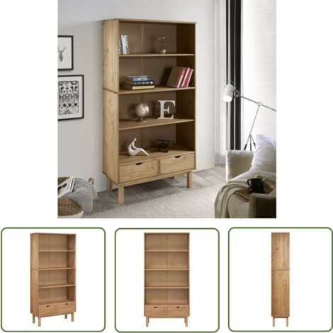 The Living Store Bibliothèque OTTA avec 2 tiroirs Marron Bois massif pin - Bibliothèque - Meuble De Rangement - Étagère - Bibliothèque Scandinave - Bibliothèque En Bois