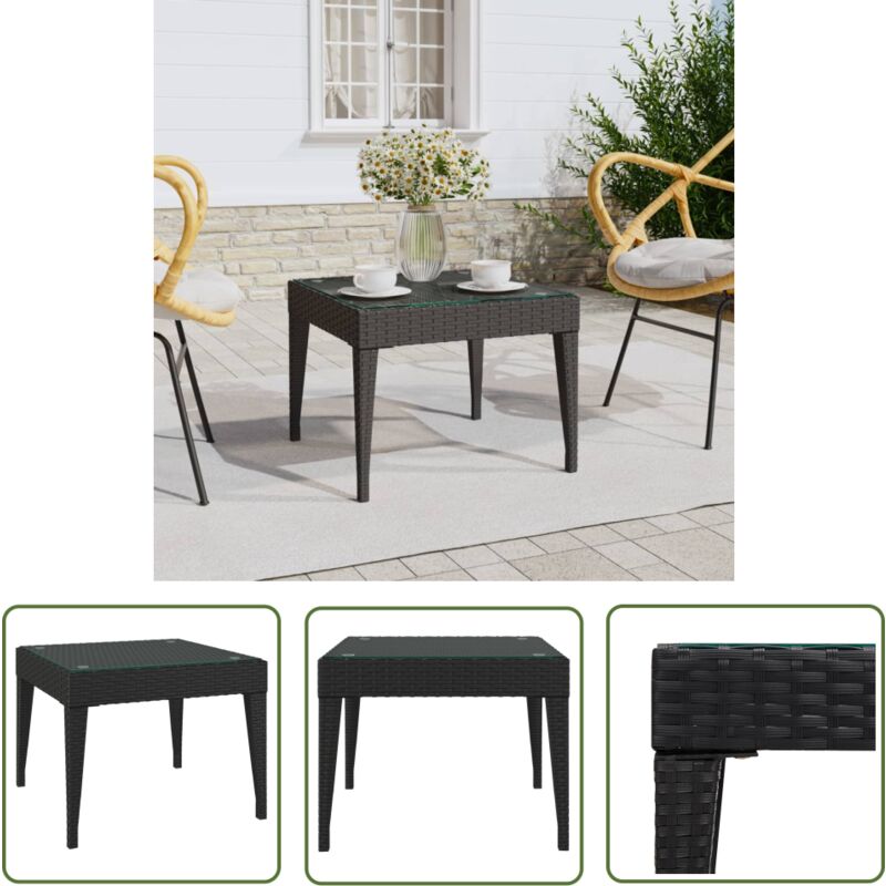 The Living Store - Table d'appoint noir 50x50x38 cm poly rotin et verre trempé - Table D'appoint - Table Basse - Meuble D'appoint - Table Extérieure