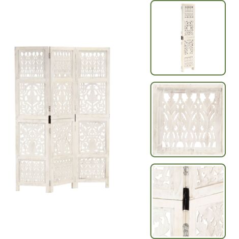 The Living Store Biombo 3 paneles tallado a mano madera mango blanco 120x165 cm - Biombo de madera maciza