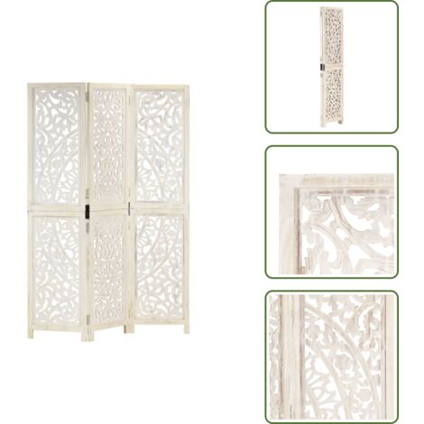The Living Store Biombo 3 paneles tallado a mano madera mango blanco 120x165 cm - Biombo de madera maciza