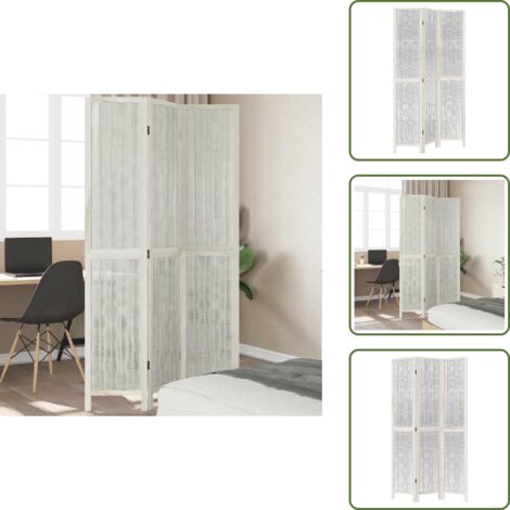The Living Store Biombo separador de 3 paneles madera maciza Paulownia blanco - Madera paulownia