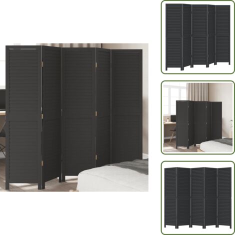 The Living Store Biombo separador de 5 paneles madera maciza Paulownia negro - Madera maciza