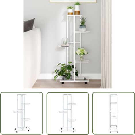 The Living Store Blumenständer 5-Etagen mit Rollen 44x23x100 cm Weiß Eisen - Blumenständer - Pflanzenständer - Eckschrank - Regalsystem - Eckregal