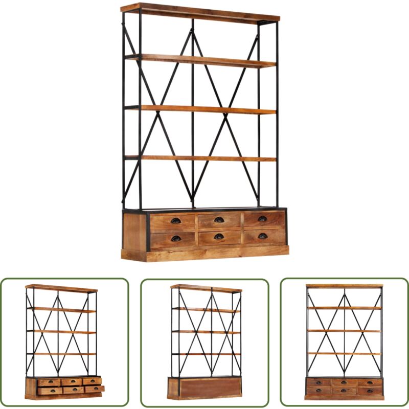 Bibliothèque à 4 étagères avec 6 tiroirs 122x36x181 cm Manguier - Bibliothèque Design - Bibliothèque Industrielle - Bibliothèque Rangement