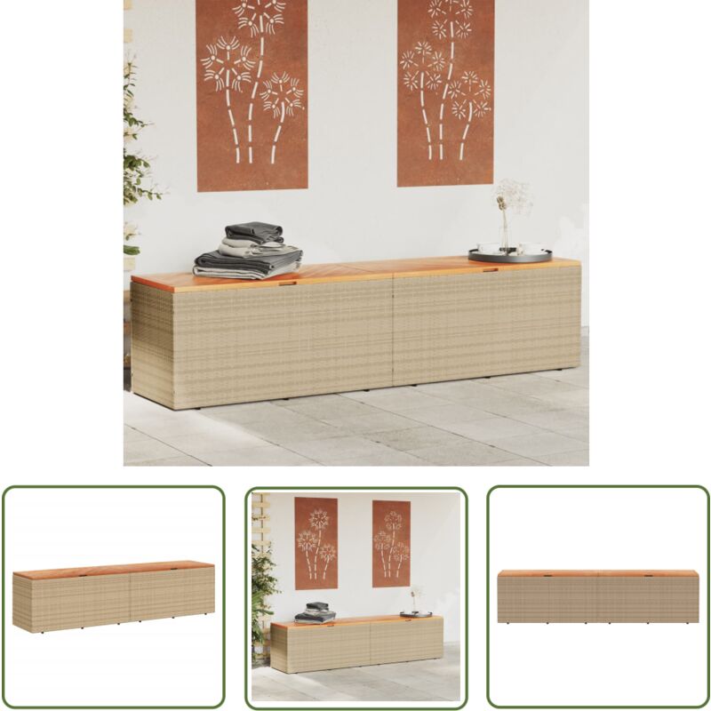 Boîte de rangement de jardin beige résine tressée bois d'acacia - Boîte De Rangement Jardin - Coffre De Jardin - Rangement Exterieur - Meuble De