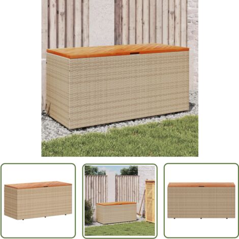 The Living Store Boîte de rangement de jardin beige résine tressée bois d'acacia - Boîte De Rangement Jardin - Coffre De Jardin - Rangement Extérieur - Meuble De Jardin - Rangement Coussin