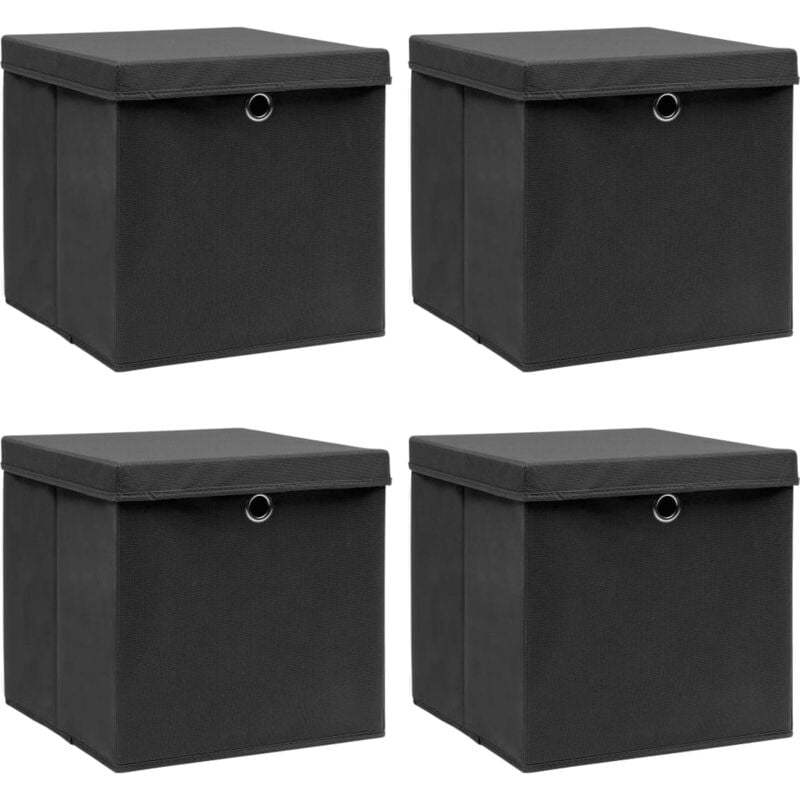 The Living Store - Boîtes de rangement avec couvercle 4 pcs Noir 32x32x32 cm Tissu Noir