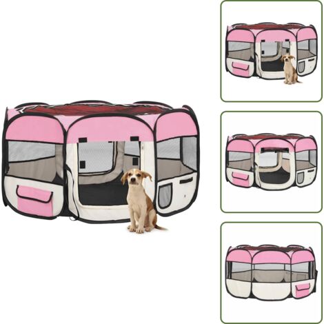 The Living Store Box per Cani Pieghevole con Borsa Trasporto Rosa 125x125x61 cm - Gabbia per cani