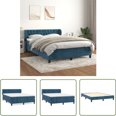 The Living Store Boxspringbett mit Matratze Dunkelblau 140x200 cm Samt - Samtbett - Boxspringbett - Doppelbett - Bettenrahmen - Schlafraum