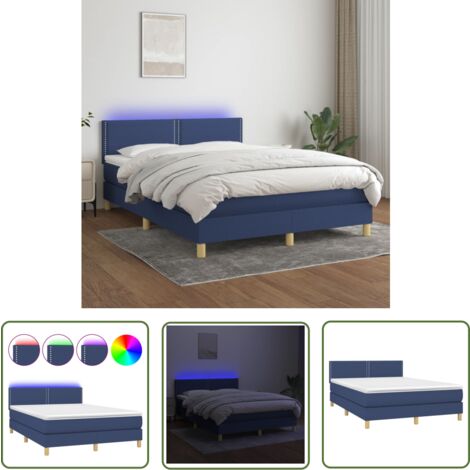 The Living Store Boxspringbett mit Matratze & LED Blau 140x200 cm Stoff - Boxspringbett - Betten - Schlafräume - Blau - Lederette