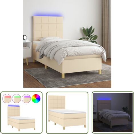 The Living Store Boxspringbett mit Matratze & LED Creme 100x200 cm Stoff - Boxspringbett - Doppelbett - Cremefarbenes Bett - Lattenrost - Bettsofa