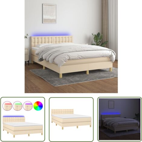 The Living Store Boxspringbett mit Matratze & LED Creme 140x200 cm Stoff - Boxspringbett - Betten - Schlafräume - Cremefarbenes Bett - Lattenrost