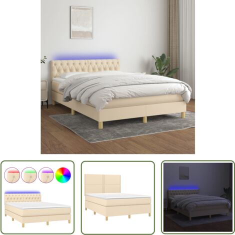 The Living Store Boxspringbett mit Matratze & LED Creme 140x200 cm Stoff - Boxspringbett - Doppelbett - Schlafsystem - Lattenrost - Bettauflage