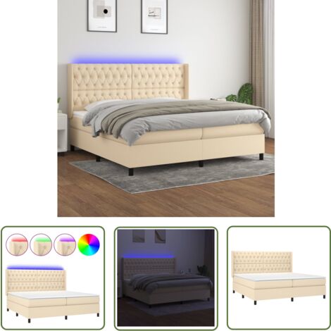 The Living Store Boxspringbett mit Matratze & LED Creme 200x200 cm Stoff - Boxspringbett - Betten - Schlafräume - Cremefarbenes Bett - LED Beleuchtung