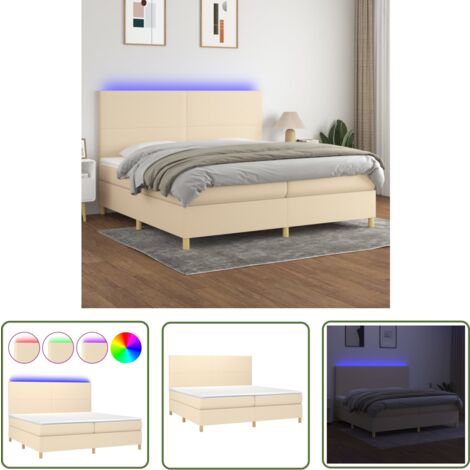 The Living Store Boxspringbett mit Matratze & LED Creme 200x200 cm Stoff - Boxspringbett - Doppelbett - Cremefarbenes Bett - Bettenrahmen - Lattenrost