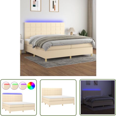 The Living Store Boxspringbett mit Matratze & LED Creme 200x200 cm Stoff - Boxspringbett - Doppelbett - Cremefarbenes Bett - Bettsofa - Lattenrost