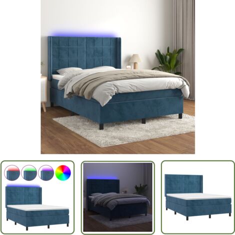The Living Store Boxspringbett mit Matratze & LED Dunkelblau 140x200 cm Samt - Boxspringbett - Doppelbett - Samtbett - Luxusbett - Bettenrahmen