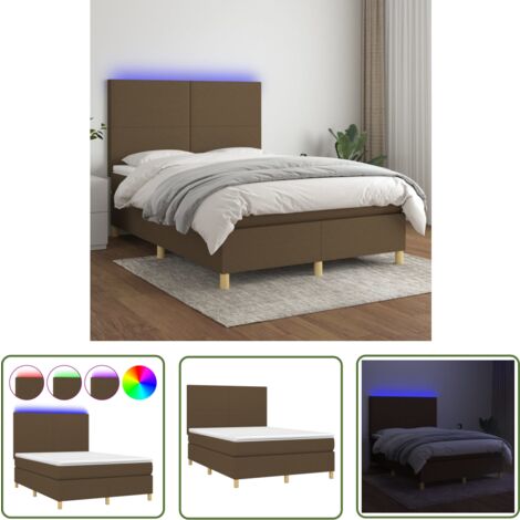 The Living Store Boxspringbett mit Matratze & LED Dunkelbraun 140x190 cm Stoff - Boxspringbett - Doppelbett - Lattenrost - Bettauflage - LED Beleuchtung