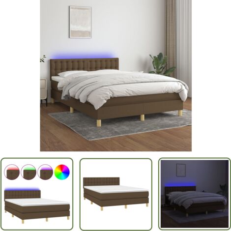 The Living Store Boxspringbett mit Matratze & LED Dunkelbraun 140x200 cm Stoff - Boxspringbett - Doppelbett - Bettenrahmen - Lattenrost - Massivholzbette