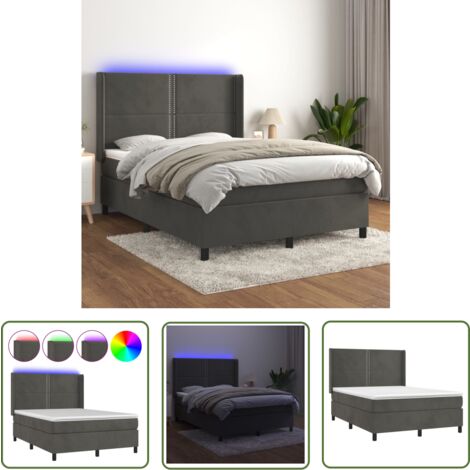 The Living Store Boxspringbett mit Matratze & LED Dunkelgrau 140x190 cm Samt - Boxspringbett - Doppelbett - Samtbett - Luxusbett - Bettenrahmen