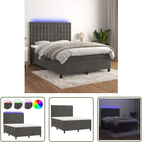 The Living Store Boxspringbett mit Matratze & LED Dunkelgrau 140x190 cm Samt - Boxspringbett - Doppelbett - Samtbett - Luxusbett - Bettrahmen