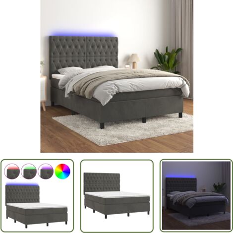 The Living Store Boxspringbett mit Matratze & LED Dunkelgrau 140x190 cm Samt - Boxspringbett - Doppelbett - Samtbett - Luxusbett - Bettrahmen