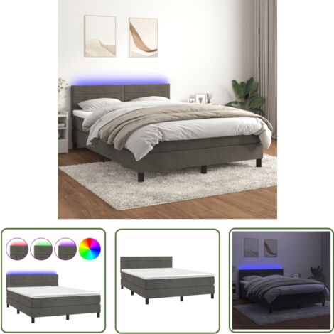 The Living Store Boxspringbett mit Matratze & LED Dunkelgrau 140x190 cm Samt - Boxspringbett - Doppelbett - Samtbett - Luxusbett - Bettrahmen