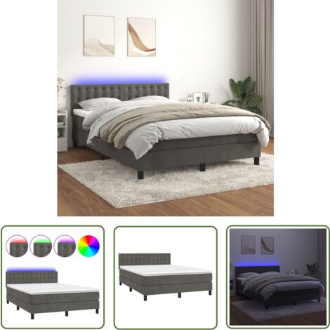 The Living Store Boxspringbett mit Matratze & LED Dunkelgrau 140x190 cm Samt - Boxspringbett - Doppelbett - Samtbett - Luxusbett - Schlafsystem