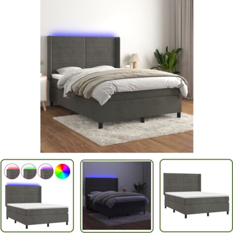 The Living Store Boxspringbett mit Matratze & LED Dunkelgrau 140x200 cm Samt - Boxspringbett - Doppelbett - Samtbett - Luxusbett - Bettrahmen