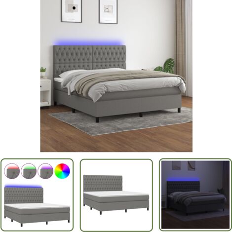 The Living Store Boxspringbett mit Matratze & LED Dunkelgrau 180x200 cm Stoff - Boxspringbett - Doppelbett - Bettenrahmen - Lattenrost - Matratze