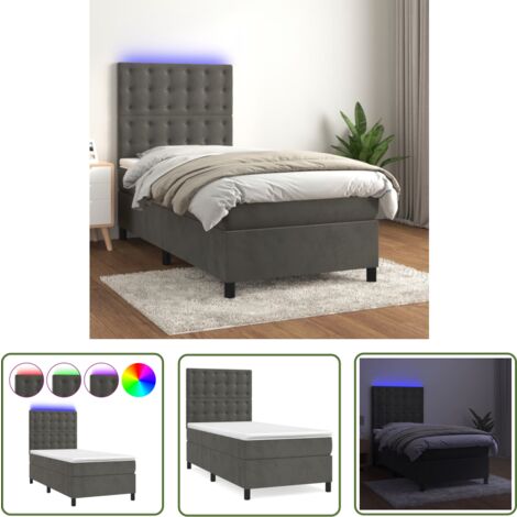 The Living Store Boxspringbett mit Matratze & LED Dunkelgrau 90x200 cm Samt - Boxspringbett - Doppelbett - Samtbett - Luxusbett - Schlafsofa