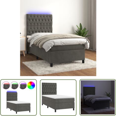 The Living Store Boxspringbett mit Matratze & LED Dunkelgrau 90x200 cm Samt - Boxspringbett - Doppelbett - Samtbett - Luxusbett - Schlafsofa