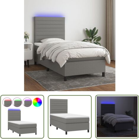 The Living Store Boxspringbett mit Matratze & LED Dunkelgrau 90x200 cm Stoff - Boxspringbett - Doppelbett - Bettenrahmen - Lattenrost - Matratze