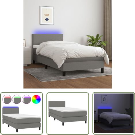 The Living Store Boxspringbett mit Matratze & LED Dunkelgrau 90x200 cm Stoff - Boxspringbett - Doppelbett - Schlafsystem - Lattenrost - Bettrahmen