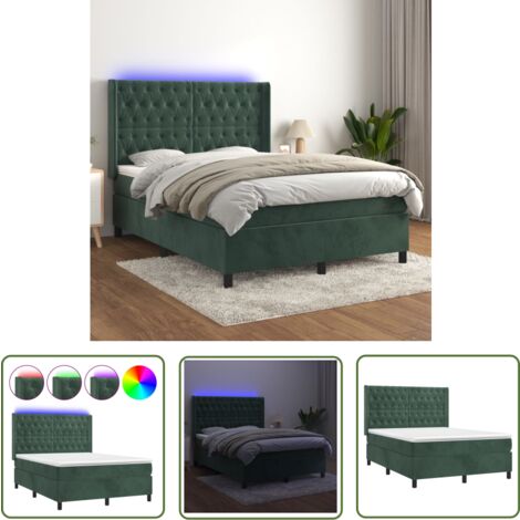 The Living Store Boxspringbett mit Matratze & LED Dunkelgrün 140x200 cm Samt - Boxspringbett - Doppelbett - Samtbett - Luxusbett - Bettrahmen