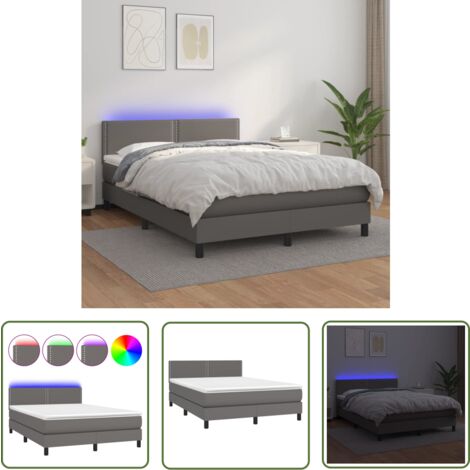 The Living Store Boxspringbett mit Matratze & LED Grau 140x200 cm Kunstleder - Boxspringbett - Doppelbett - Bettenrahmen - Lederbettwäsche - Luxusbett