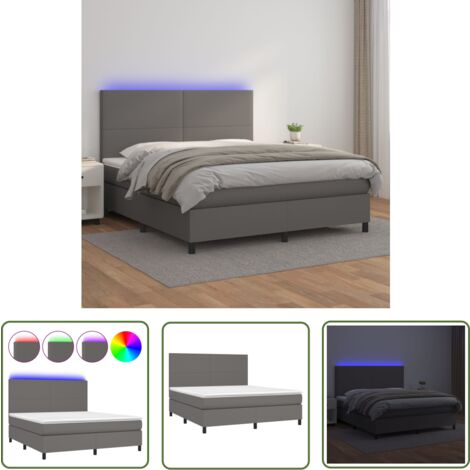 The Living Store Boxspringbett mit Matratze & LED Grau 180x200 cm Kunstleder - Boxspringbett - Doppelbett - Lederbett - Luxusbett - Bettenrahmen