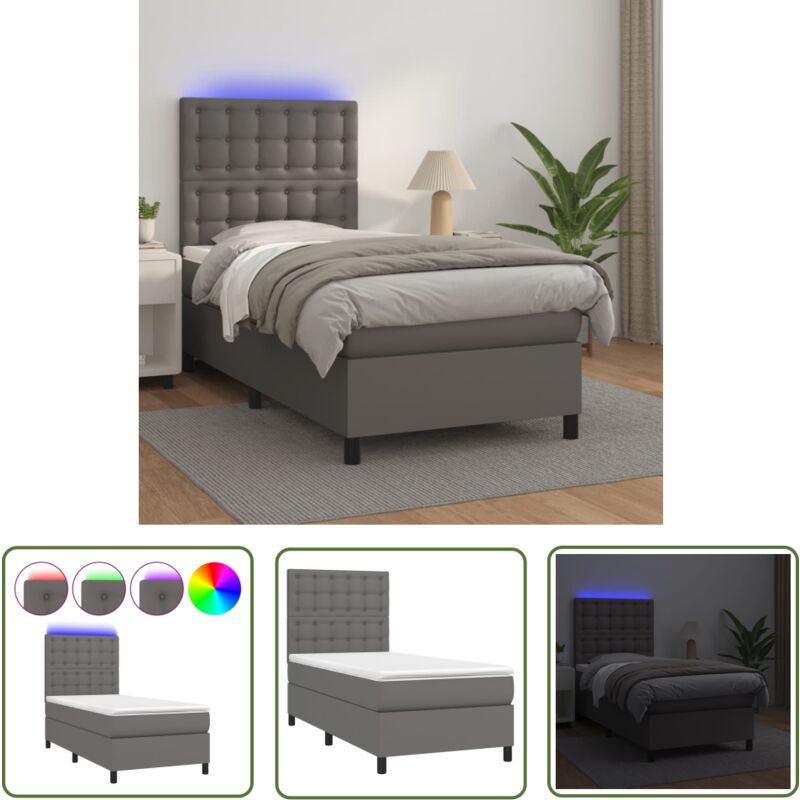 Boxspringbett Mit Matratze & Led Grau 90x200 Cm Kunstleder - Boxspringbett - Bettenrahmen - Doppelbett - Kunstlederbett - Led-bett - The Living Store