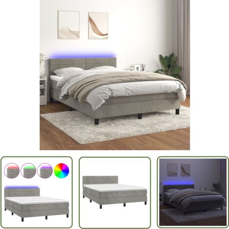 The Living Store Boxspringbett mit Matratze & LED Hellgrau 140x190 cm Samt - Boxspringbett - Samtbett - Doppelbett - LED Beleuchtung - Matratze