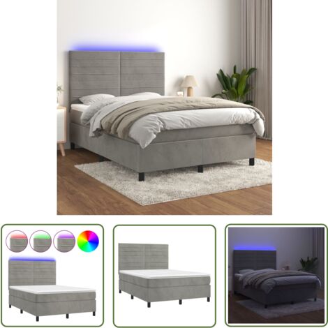 The Living Store Boxspringbett mit Matratze & LED Hellgrau 140x190 cm Samt - Boxspringbett - Samtbett - Doppelbett - LED Beleuchtung - Matratze