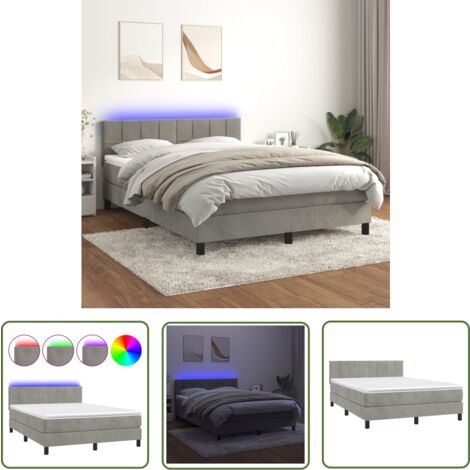 The Living Store Boxspringbett mit Matratze & LED Hellgrau 140x190 cm Samt - Boxspringbett - Samtbett - Doppelbett - LED-Betten - Hochwertige Matratze
